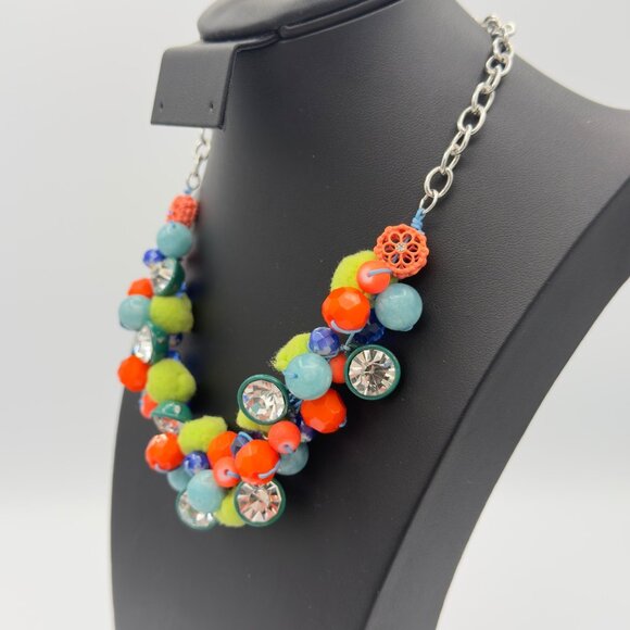 Bright Colorful Beaded Pom Pom Cha Cha Necklace Orange Green Blue Rhinestones - Picture 3 of 13
